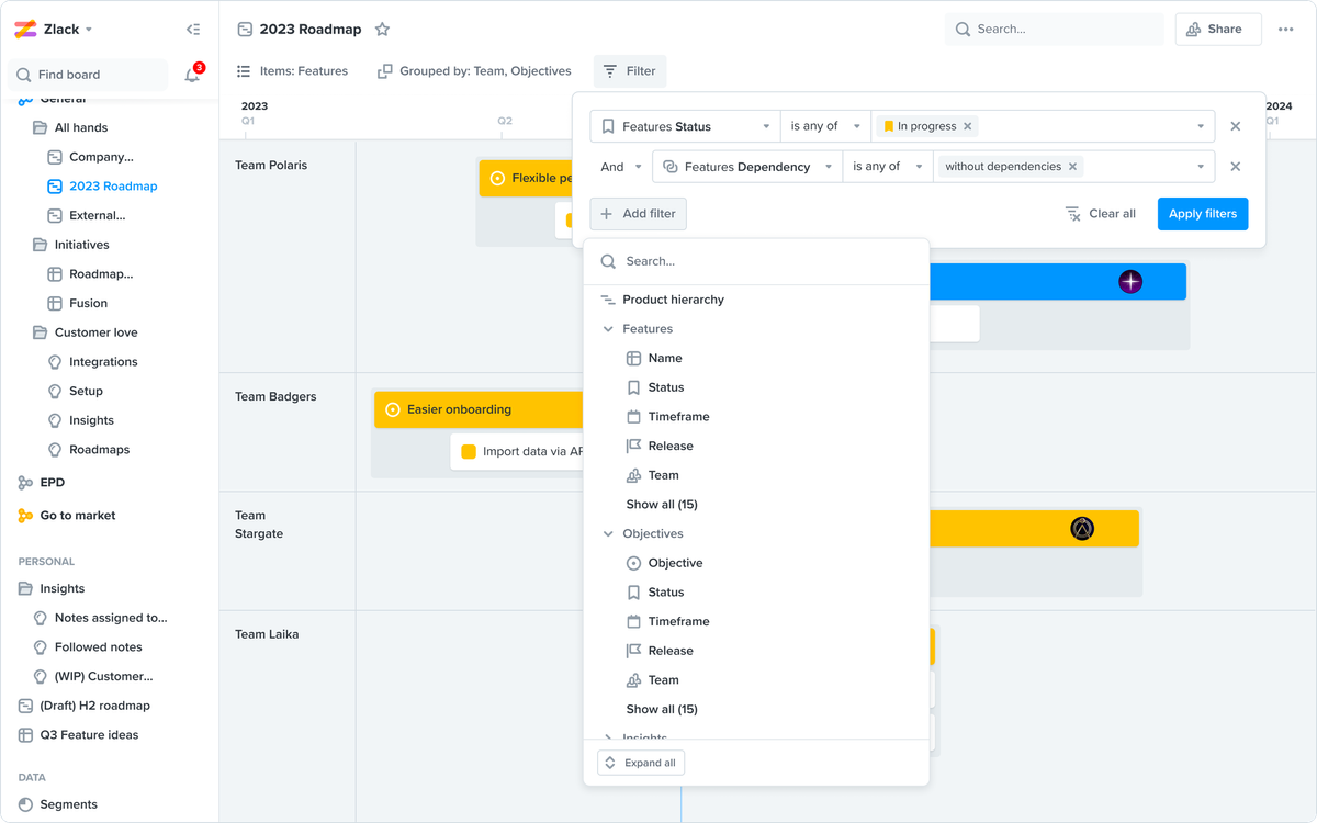 Flexible filtering in Productboard